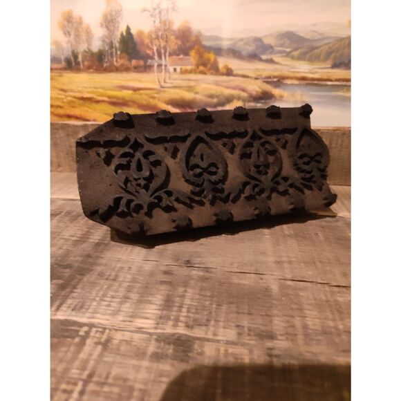 Antique Hand-Carved Sycamore Wood Printing Block Floral Design Folk Art Decor - Picture 6 of 7